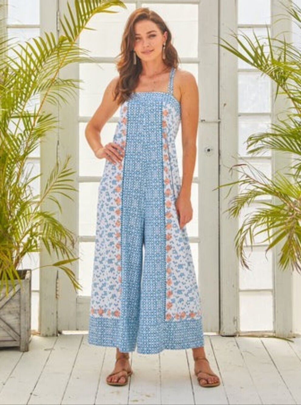 Cabana Life Blue-Orange Embroidered Criss Cross Straps  Wide-Leg Jumpsuit NWT